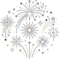 Obraz premium Festive fireworks and stars celebration vector. A vibrant burst of fireworks and star sparkles on a white background, styled in a muted red, blue, and gold patriotic color palette.