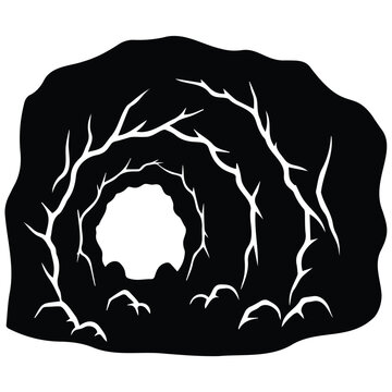 Deep cave entrance vector silhouette illustration with rock cracks and dark tunnel design.