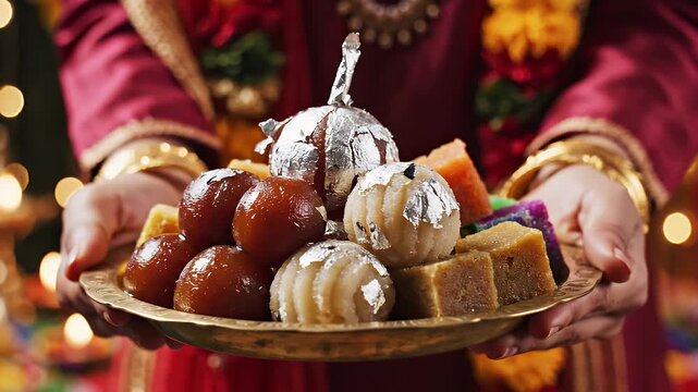 Holding platter of Indian sweets.