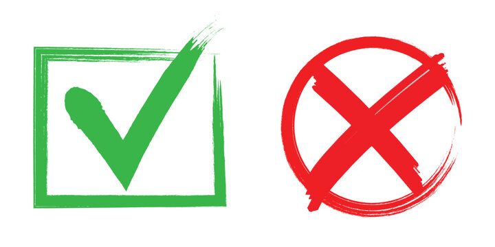 Hand drawn check mark and cross symbol in circle and box in illustration symbol