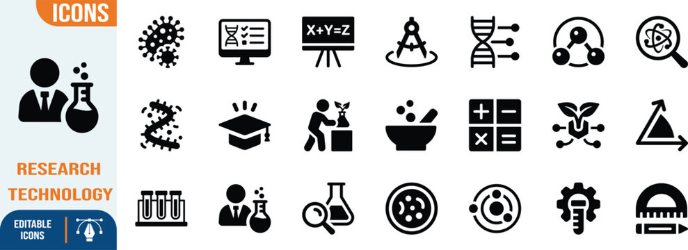 Science technology engineering math icons. dna icon set, test tube icon set, virus icon set