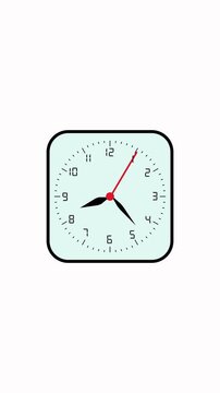 Square clock animation on white background. Square clock red second hand time display. Square clock technology interface graphic on white background for time.