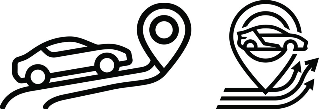 Car location pin icons, automotive GPS tracking symbols, vehicle navigation map markers, black line art vector set for transport apps