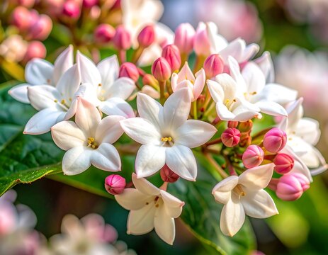 White Tropical Flowers with Pink Buds in Natural Sunlight, Floral Spring Garden Background