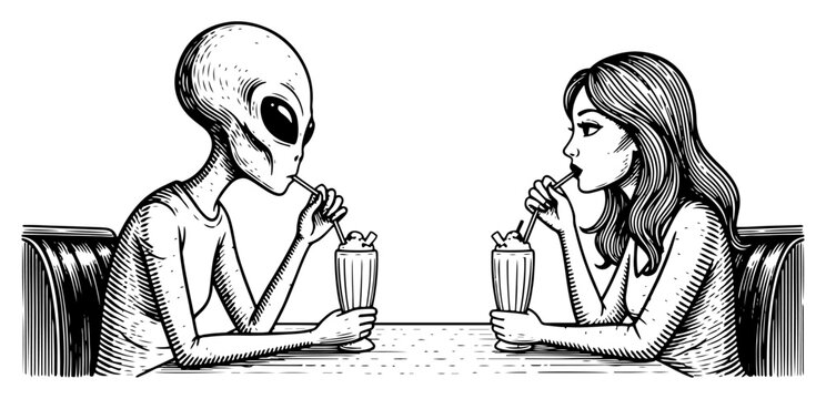 Alien and woman drinking milkshakes in diner booth in vintage engraving style