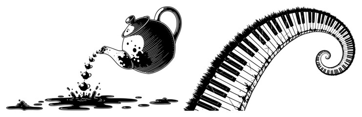Teapot pouring dark liquid next to a curved piano keyboard tentacle surreal engraving style © Wera