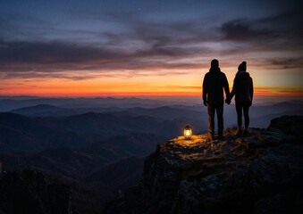 Obraz premium Silhouetted couple standing on mountain peak at sunset isolated on transparent background, isolated on white background, Vector, illustration