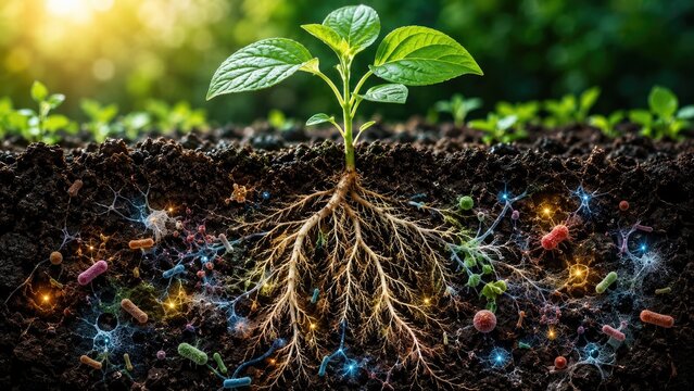Plant root system with glowing soil nutrients