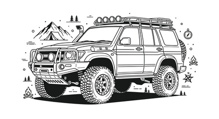 Off road Vehicle With Mountain Landscape Black And White Silhouette © sefali