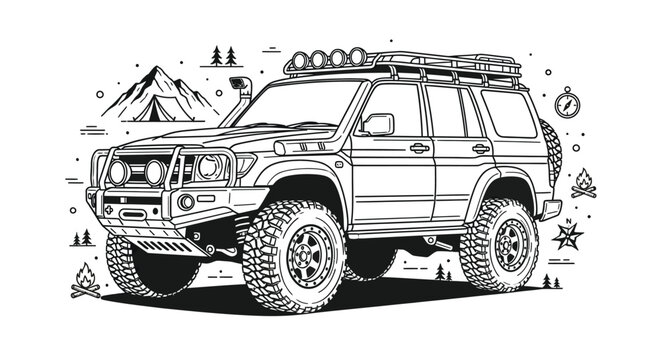 Off road Vehicle With Mountain Landscape Black And White Silhouette
