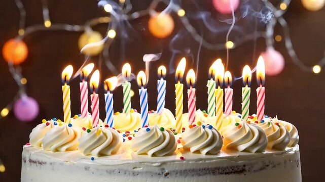 Lit colorful candles on white birthday cake with smoke drifting away