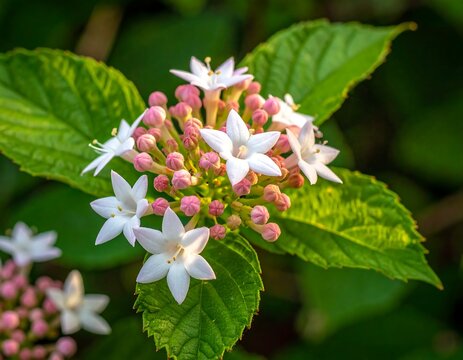 Beautiful White Ixora Flower Cluster Close Up with Green Leaves, Fresh Garden Blossom