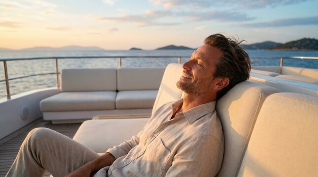 Content man on a luxury yacht deck at sunset, eyes closed, radiating peace. Embodies the aesthetic of digital detox, celebrating freedom from gadgets and true disconnection.