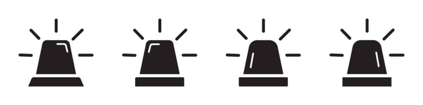 Emergency siren and alarm flasher icon set in black silhouette styles for security and safety.