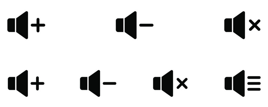 Audio volume control icons set with sound speaker, mute, increase and decrease symbols for media