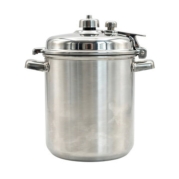 A stainless steel pressure cooker with a locking lid and side handles, isolated on a white background, for kitchen and, cooking equipment