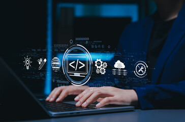 Web development and web design concept. internet programming architecture, coding interface, website creation, UI UX design, frontend, backend development, cloud, database connection, digital workflow © Sandwish