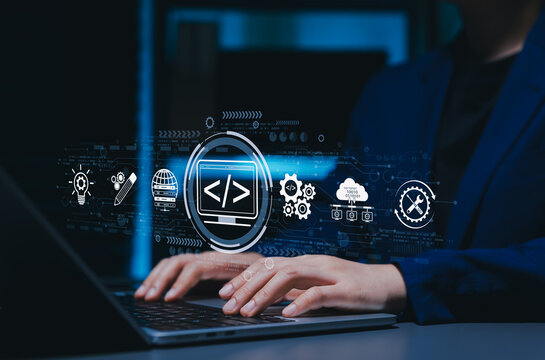 Web development and web design concept. internet programming architecture, coding interface, website creation, UI UX design, frontend, backend development, cloud, database connection, digital workflow