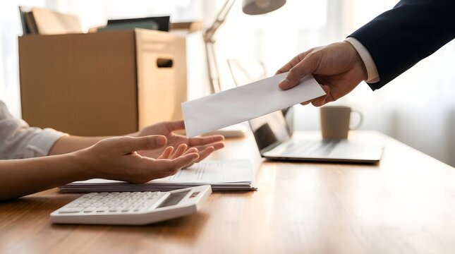 Professional manager handing a white envelope to an employee sitting at a wooden office desk