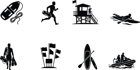 Fototapeta premium Collection of Lifeguard and Water Rescue Silhouettes Featuring Surf Rescue Equipment and Beach Safety Icons Set