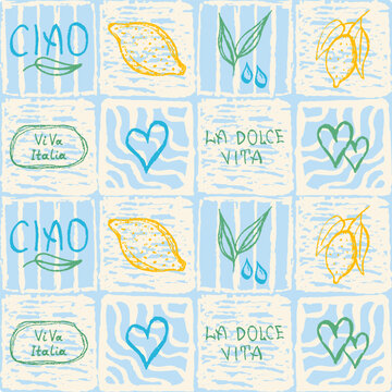 Decorative Amalfi style tile seamless pattern with lemons, hearts, leaves and Italian slogans. Retro stylized majolica background. Mediterranean aesthetic amalficore cover