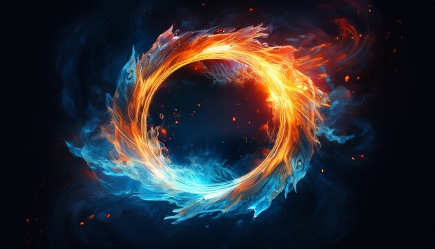 abstract fire and water fiery circle on a black background ice and fire circling frame on black