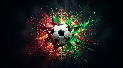 Naklejka premium Vibrant Soccer Ball with Red Green Splash