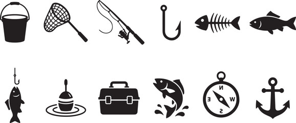 Fishing and Nautical Icons Set – Rod, Hook, Fish, Anchor, Compass and Tackle Silhouettes   © Open Expression