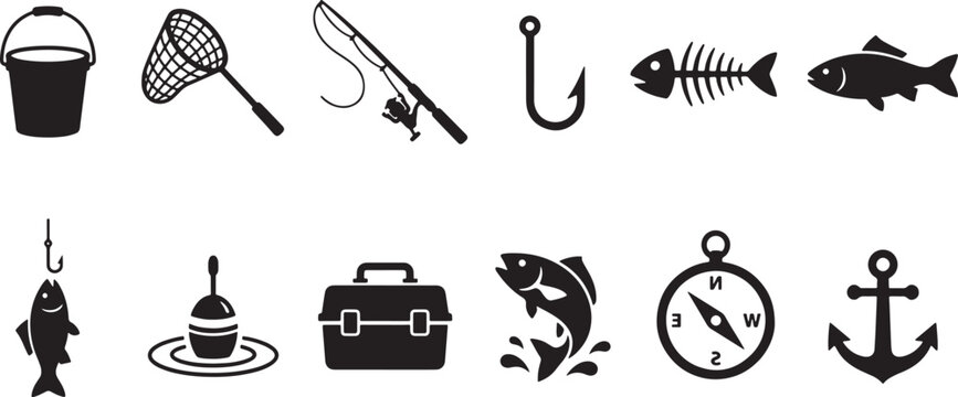 Fishing and Nautical Icons Set &ndash; Rod, Hook, Fish, Anchor, Compass and Tackle Silhouettes

