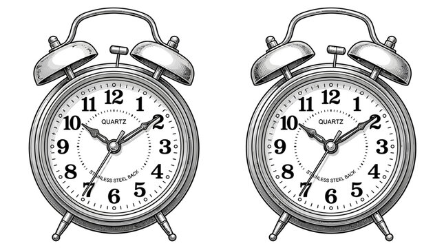Illustration of two identical silver alarm clocks with white faces and black numbers on a plain white background.