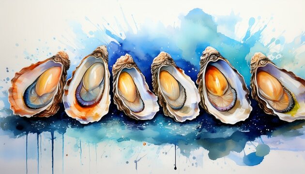 five beautifully illustrated oysters on a vibrant blue watercolor background showcasing intricate details of shells and inner textures in an artistic composition
