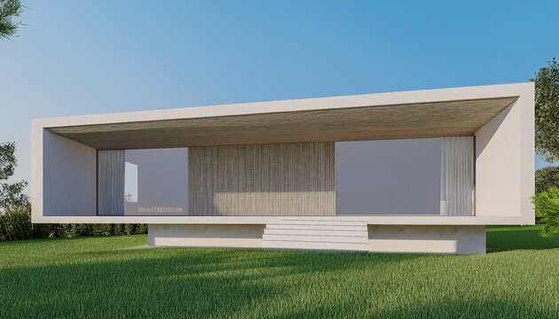 view of small modern house in minimal style with green lawn on blue sky background contemporary residence design 3d rendering