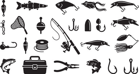 Fishing Equipment and Lures Silhouette Icon Set – Rod, Reel, Hooks, Floats and Tackle Box Vector Collection   © Open Expression