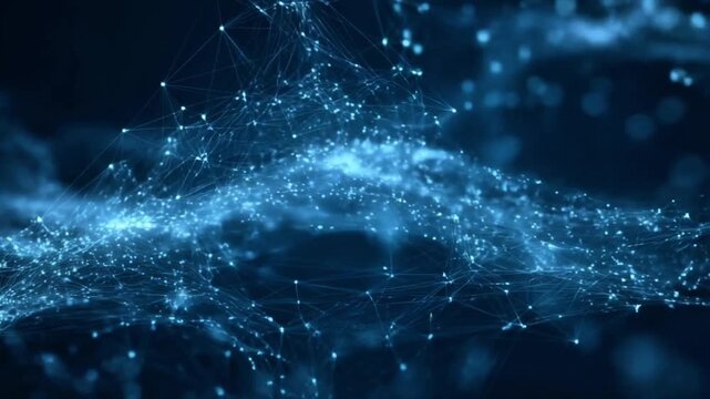 Abstract neon network web expanding across dark futuristic space, billions of interconnected nodes representing global business communication, AI-driven data exchange, glowing digital particles