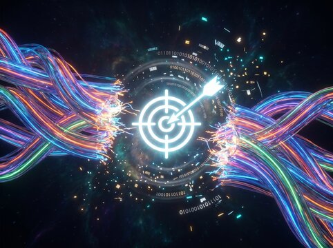 Severed Glowing Fiber Optic Cables around Digital Target and Binary Code in Space