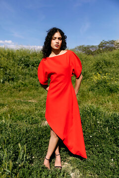 Woman wearing red dress 