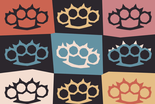 Pop art style seamless pattern or grid of brass knuckles weapons shown in various contrasting retro color combinations.
