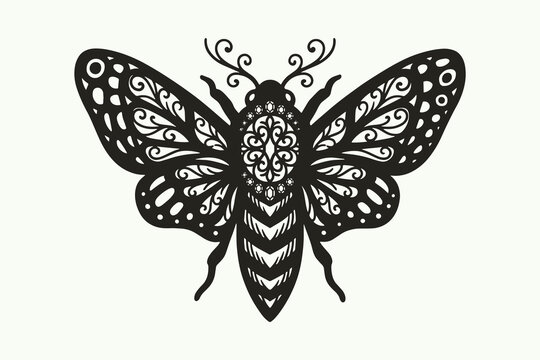 Black butterfly icon with floral patterns Vector, illustration