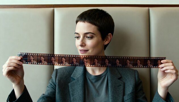 Woman holding a strip of film negatives. Short haired female looking at 35mm photographic frames. Analog photography and nostalgia concept. Portrait of a woman in a grey blazer examining film