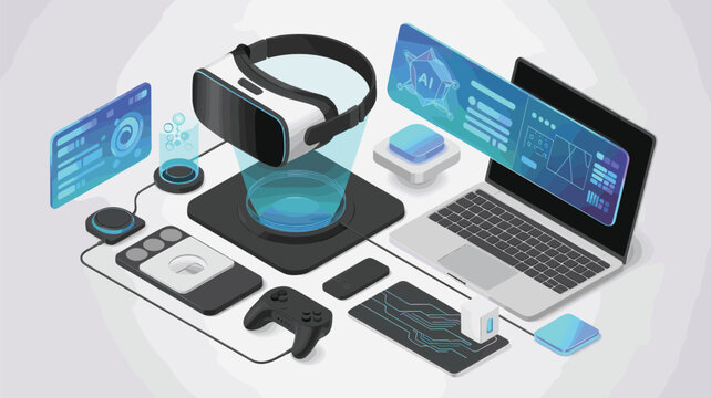 Isometric Virtual Reality and AI Technology Devices Illustration