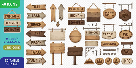 A collection of modern rustic wooden signs and icons for camping, travel, and directions, including editable stroke illustrations for various themes. © Sumon