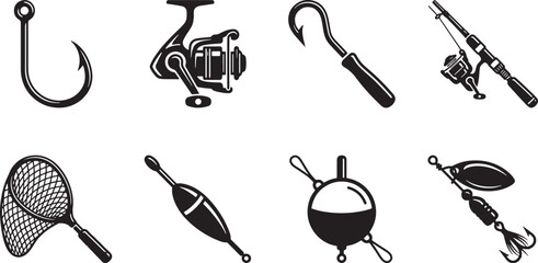 Fishing Gear Silhouette Icons – Hook, Reel, Rod, Net, Floats and Spinner Lure Vector Set   © Open Expression