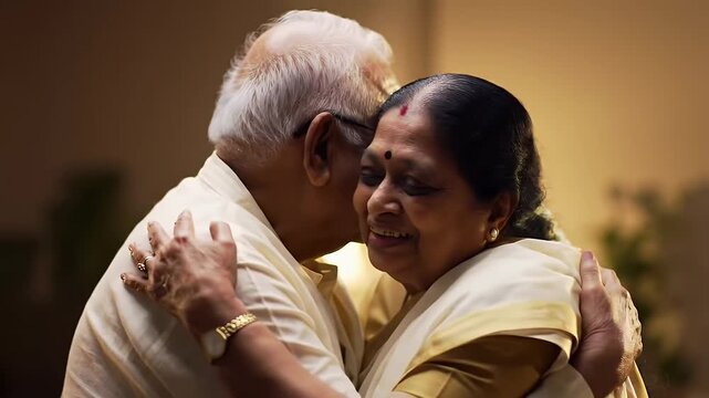 Senior indian couple smiling and embracing each other indoors