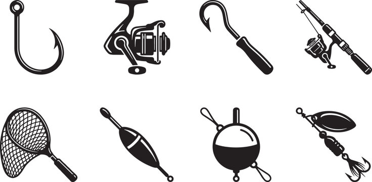 Fishing Gear Silhouette Icons &ndash; Hook, Reel, Rod, Net, Floats and Spinner Lure Vector Set

