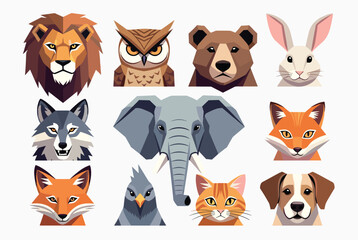 Fototapeta premium Beautiful collection of geometric low-poly animal faces, showcasing artistic modern illustrations of wildlife and popular pets.