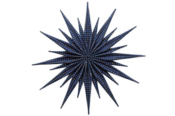 Fototapeta premium A dark blue starburst graphic explodes outward in a symmetrical pattern on a plain white background.