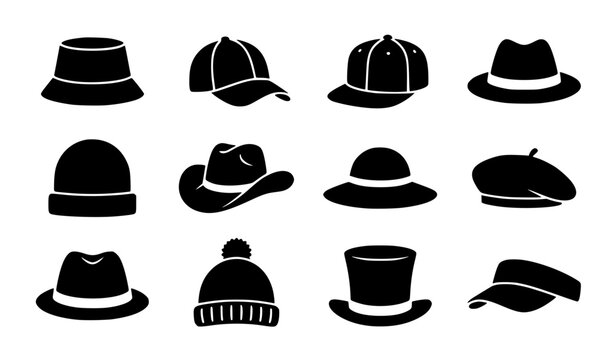 Black Hat Silhouettes Vector Set with Bucket Hat Cap Fedora and Beanie Icons
