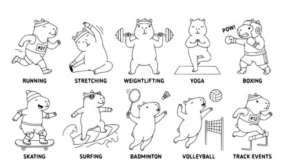 Obraz premium Adorable Capybara Athlete Mascot Collection with Cartoon Sports Activities Vector Set