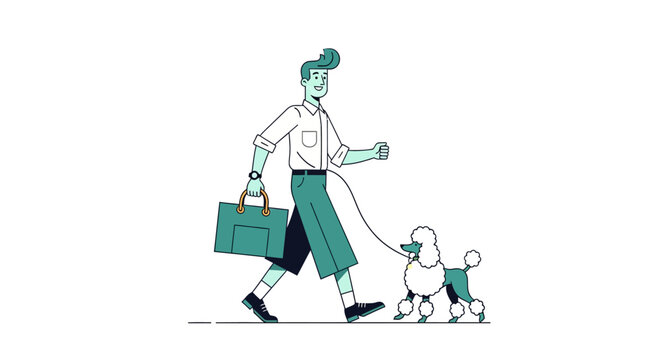 Woman walking her poodle while carrying a briefcase.