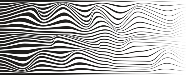 Naklejka premium Abstract wave pattern with black-white striped lines. Creative background. Op art, optical illusion. Modern design, graphic texture.